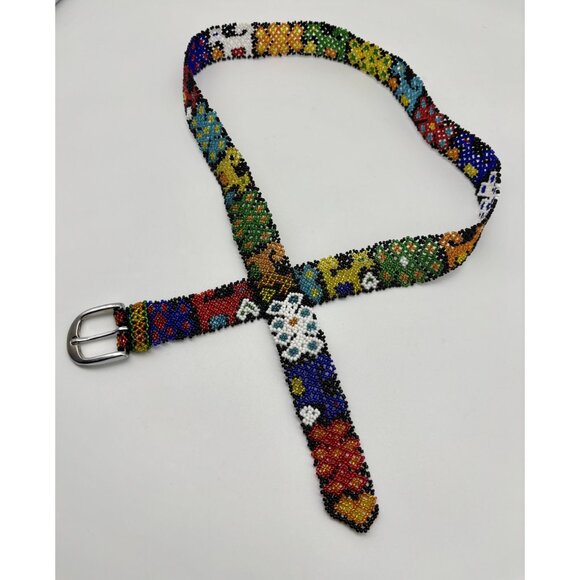 Vintage Artisan-Made Seed Beaded Belt Silver Buckle Red Cobalt Blue White Yellow main image 10